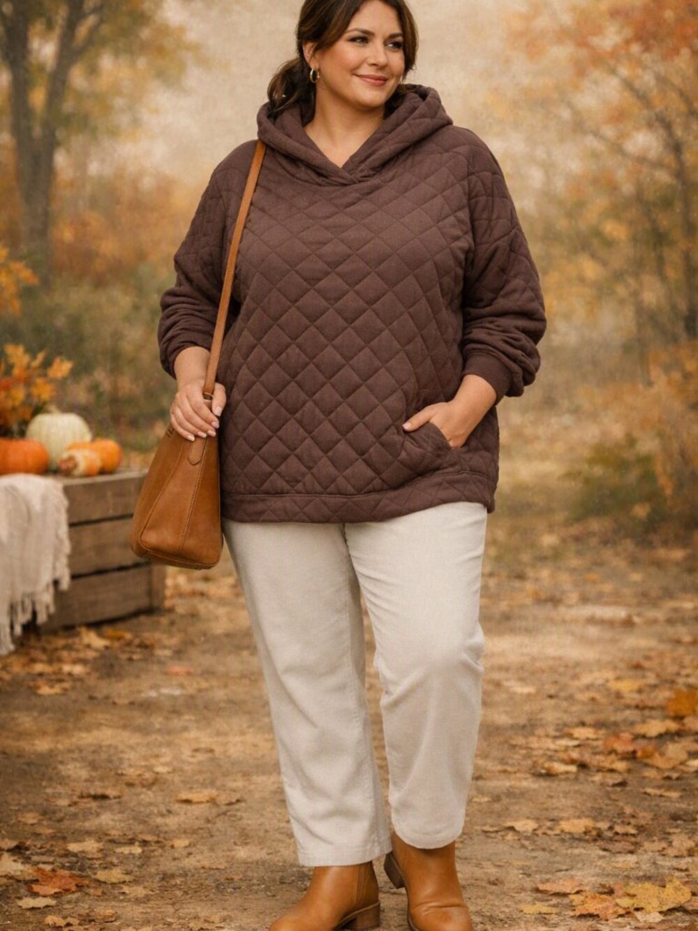 Love Brown Quilted Pullover Hoodie Pockets Size 4X